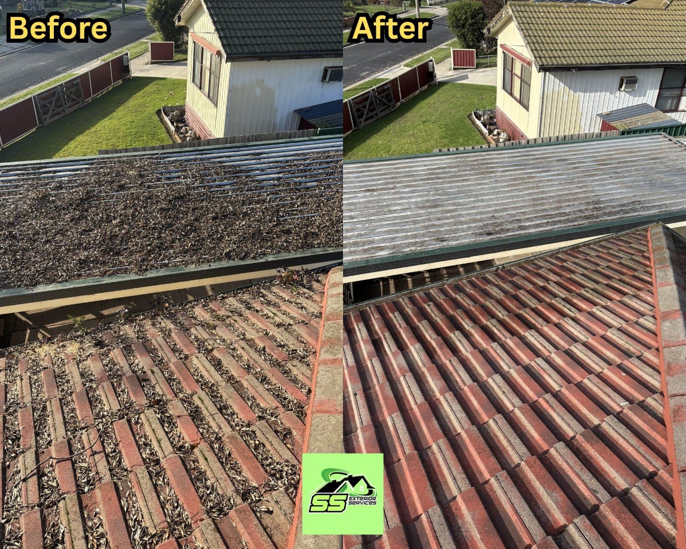 Gutter cleaning before and after by SS Exterior Services in Seymour