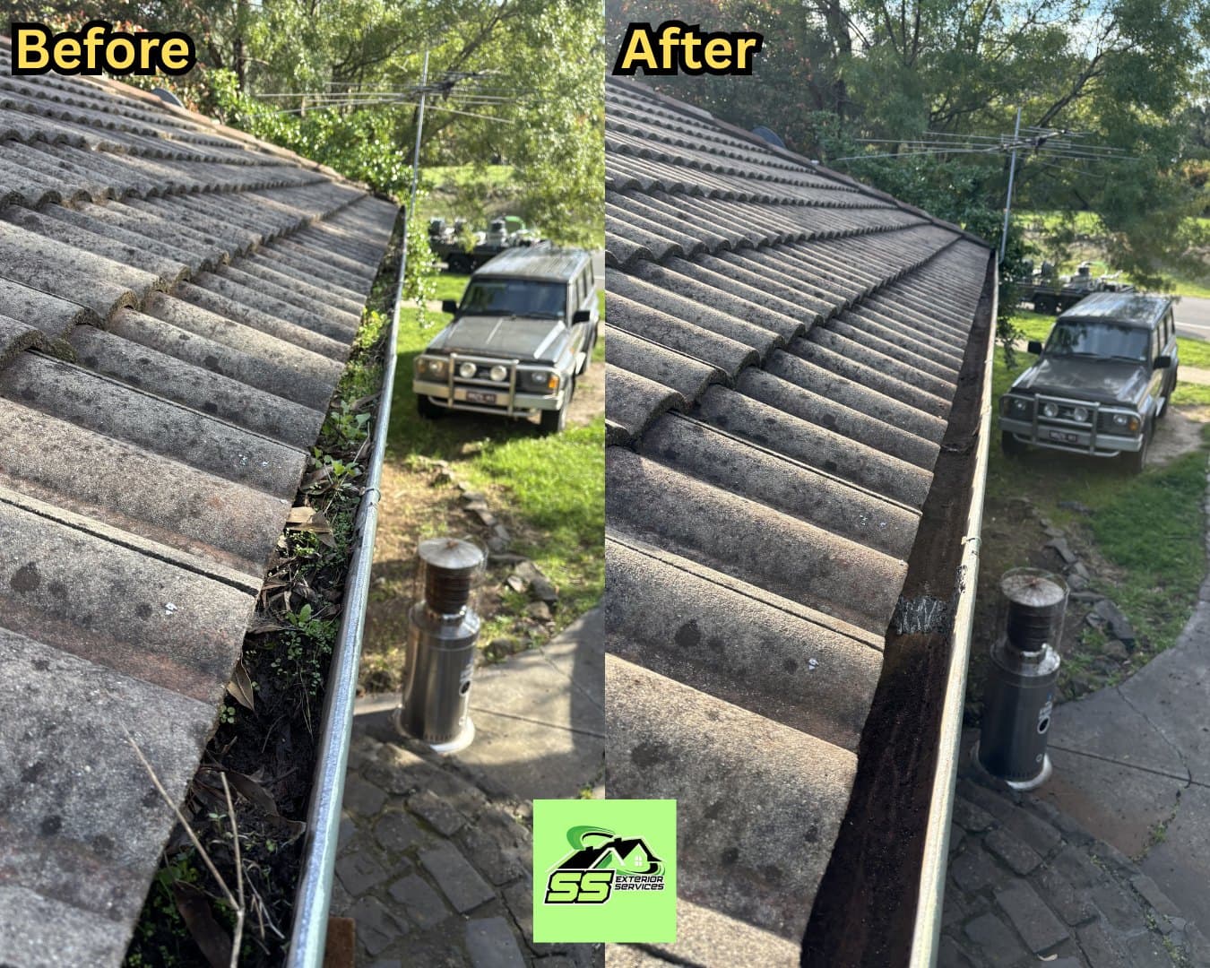 Gutter cleaning before and after by SS Exterior Services in Wallan